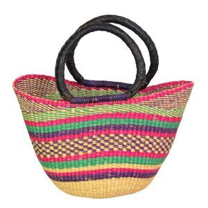 HANDCRAFTED MULTICOLOR STRAW BLACK LEATHER HANDLES BASKET SATCHEL HANDBAG PURSE